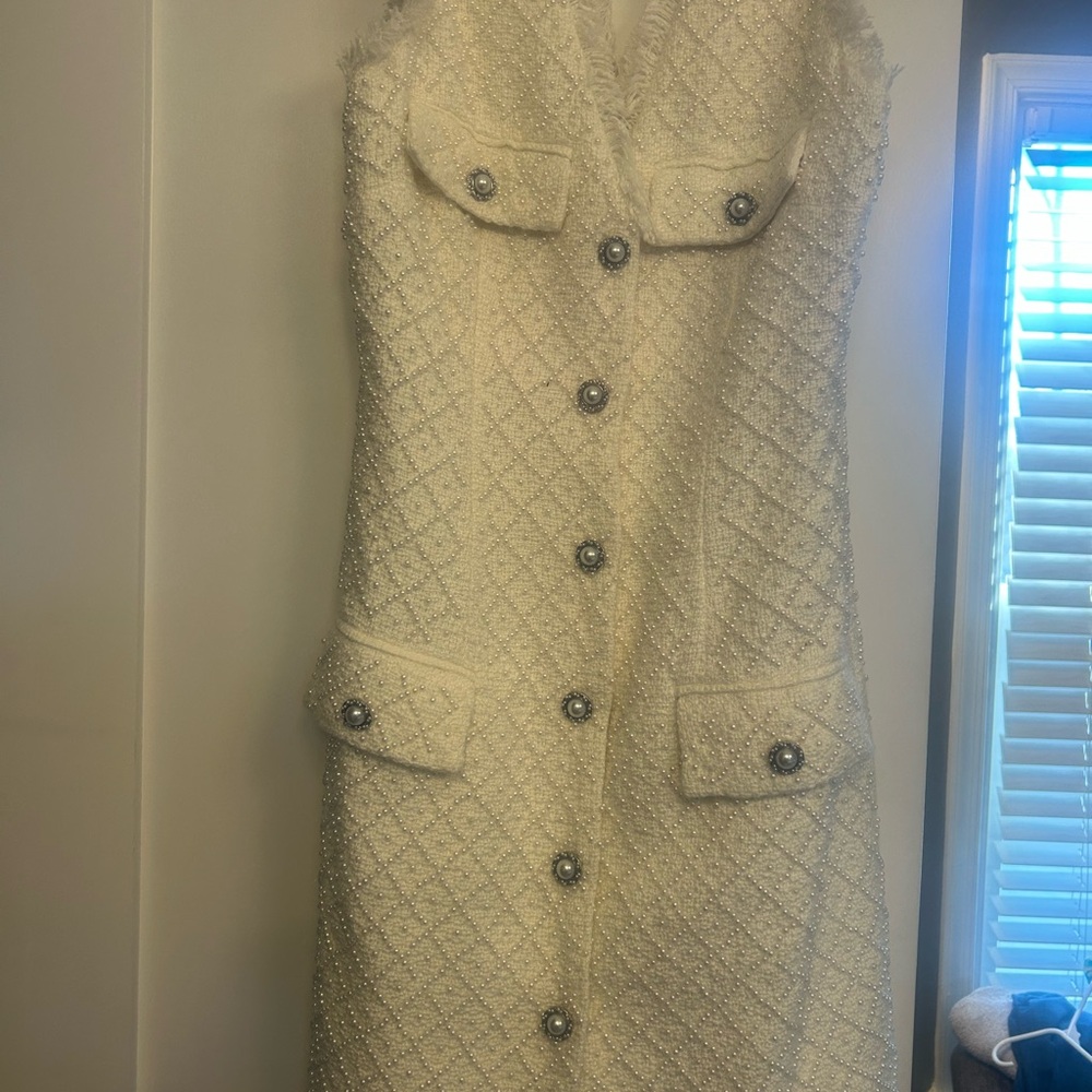 BHLDN  White Tweed Dress with Button Accents pearl